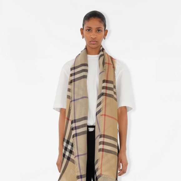 Burberry Check Wool Silk Scarf Sand/Lichen - Picture 2 of 4